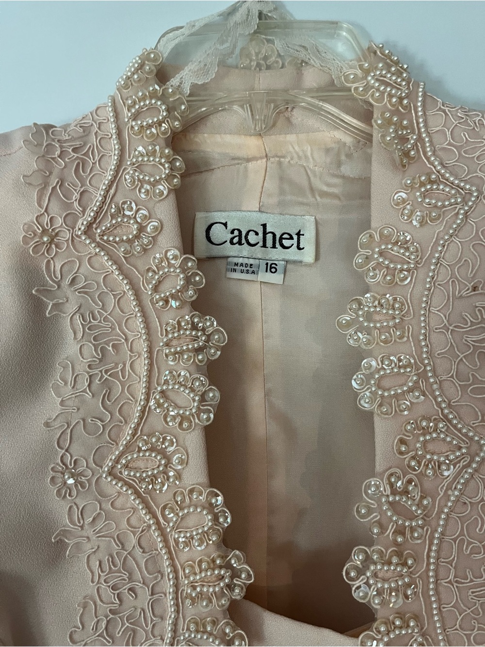 Cachet peach colored Pearl-Embellished Open Front Jacket with long dress